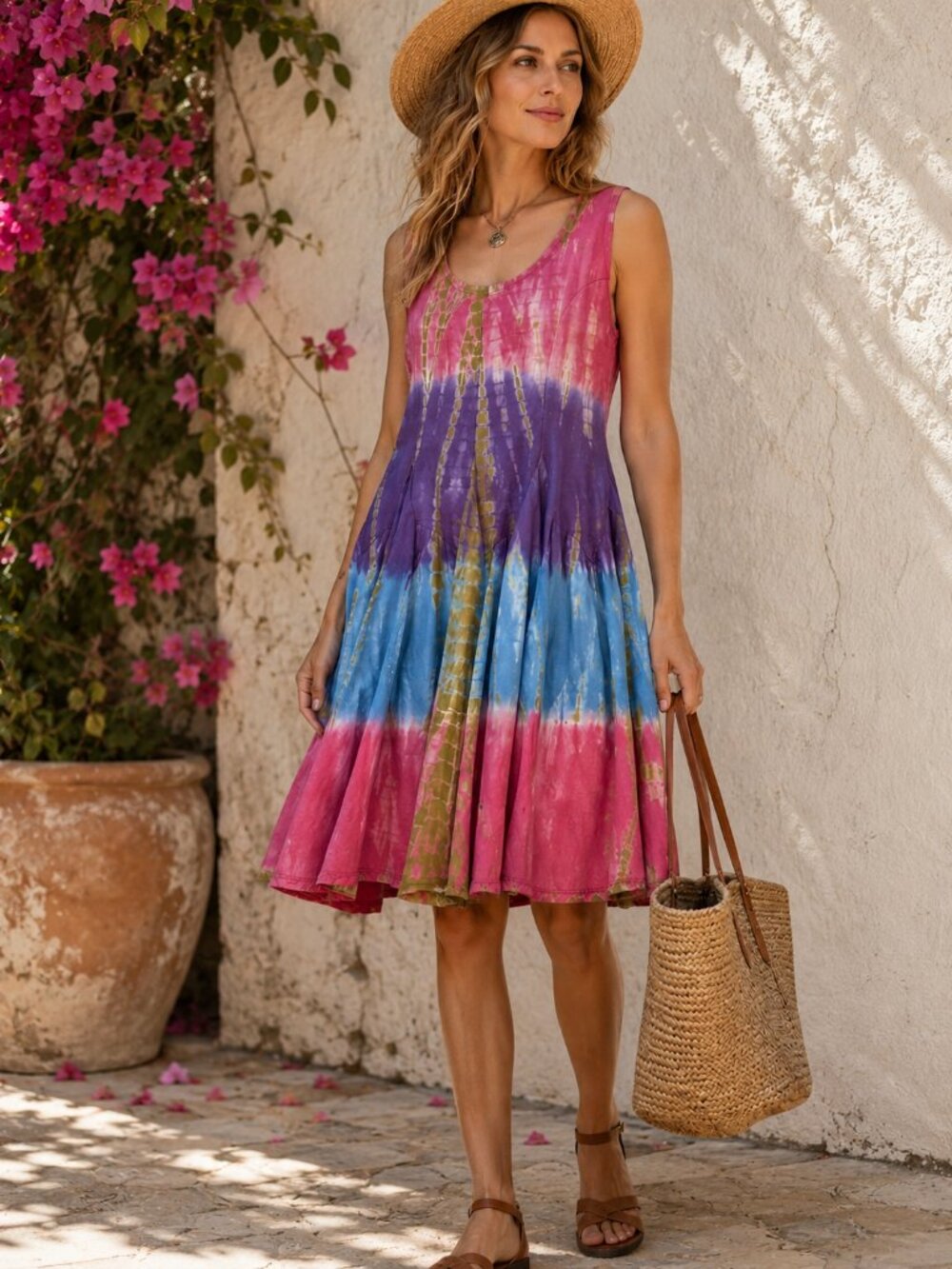 Summer Tie Dye Boho Knee Length Dress Baba 100% Cotton Medium Pink Purple
